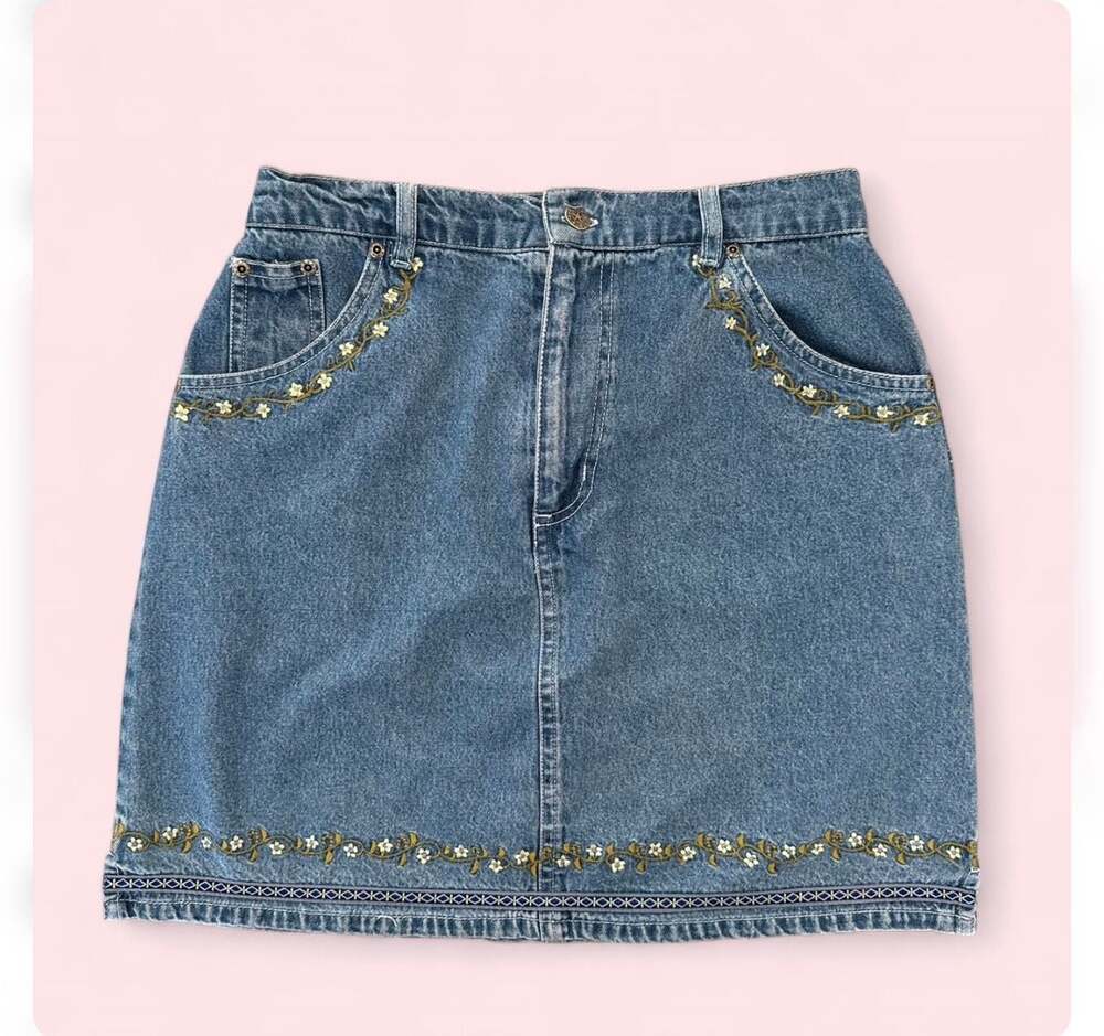Coachella Vintage Que Pasa Embroidered Floral Denim Mini Skirt Size 9/10